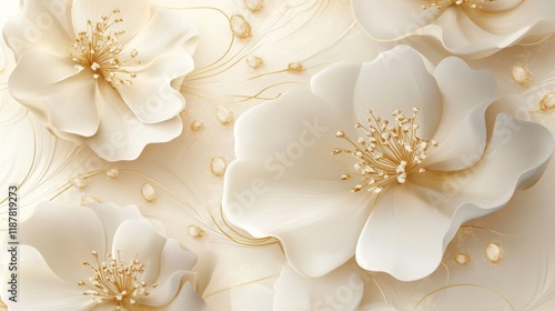 Majestic floral design, large scale cream blossoms, intricate golden details, sophisticated line patterns, elegant botanical illustration, premium art style, delicate petal arrangement, romantic