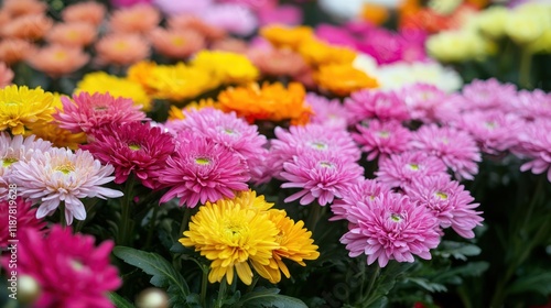 Vibrant Colorful Chrysanthemum Flowers Blooming in Garden Close up Shot