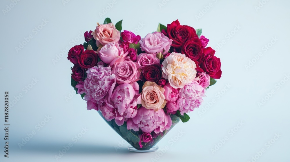 Romantic Heart Shaped Bouquet of Roses Peonies and Flowers in Glass Vase