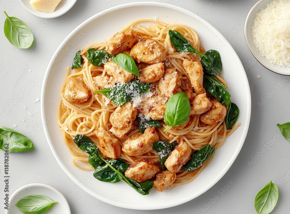 Delicious Chicken Pasta with Spinach and Fresh Basil in a Creamy Sauce Served on a White Plate, Perfect for Food Lovers and Culinary Enthusiasts Delicious Chicken Pasta with Spinach and Fresh Basil in a Creamy Sauce Served on a White Plate, Perfect for Food Lovers and Culinary Enthusiasts