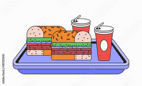 Cartoon illustration delicious burger and drinks served on a tray in a colorful, fun design for food lovers