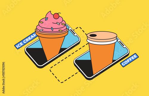 Ice cream and coffee cup pops out from phone in cartoon hand drawn illustration