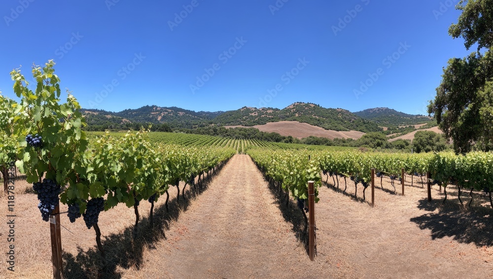 Naklejka premium Vineyard rows under sunny sky.