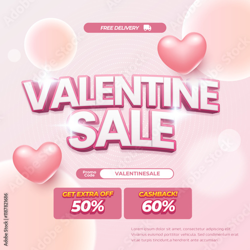 Valentine day Sale discount deals Editable text soft light pink gradient 3d bubbles circle with extra off and cashback love square banner