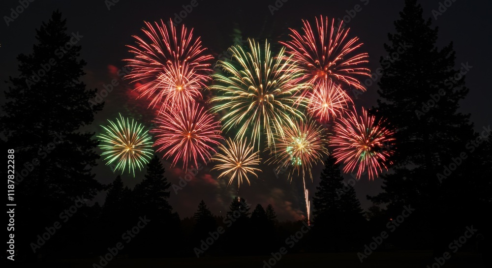 Celebratory Fireworks Display Over a Forested Area Nighttime Celebration Vibrant Colors Scenic Viewpoint Celebratory Fireworks Display Over a Forested Area Nighttime Celebration Vibrant Colors Scenic Viewpoint