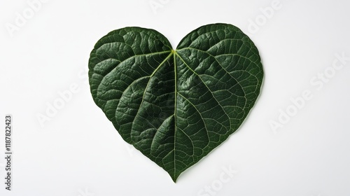 Heart-shaped green leaf with detailed vein pattern on white background photo