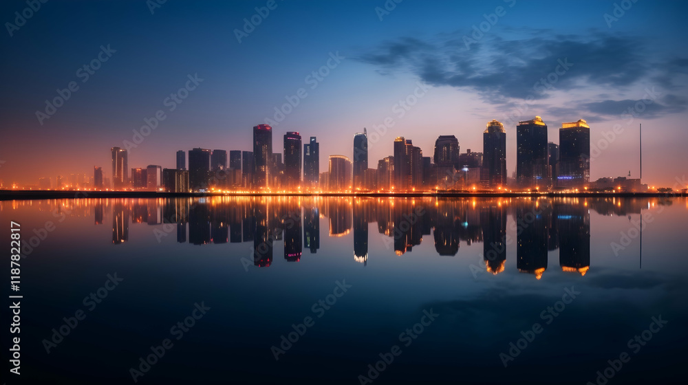 Obraz premium City skyline reflection at dawn, illuminated skyscrapers reflected on tranquil water