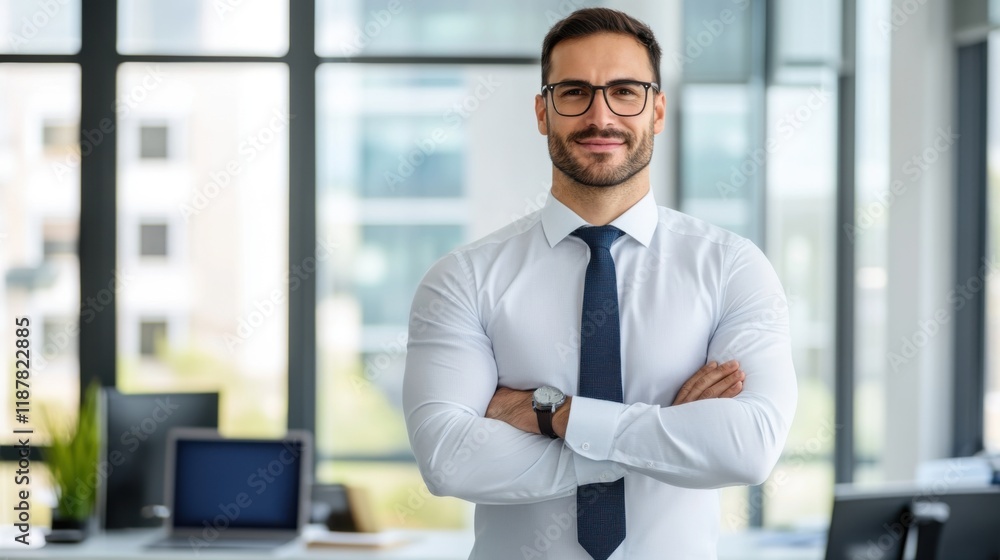 Fototapeta premium Confident businessman in modern office setting with arms crossed, promoting professionalism and success