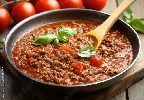 Delicious Home-Cooked Meat Sauce with Fresh Basil, Juicy Tomatoes, and Ground Beef Perfect for Pasta Dishes and Comfort Meals
