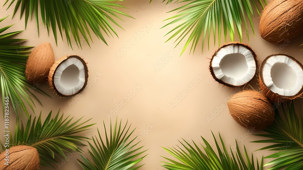 Beautiful composition of coconuts and green palm leaves on a sandy background, evoking tropical vibes and a refreshing summer feel perfect for travel and food themes. Beautiful composition of coconuts and green palm leaves on a sandy background, evoking tropical vibes and a refreshing summer feel perfect for travel and food themes.