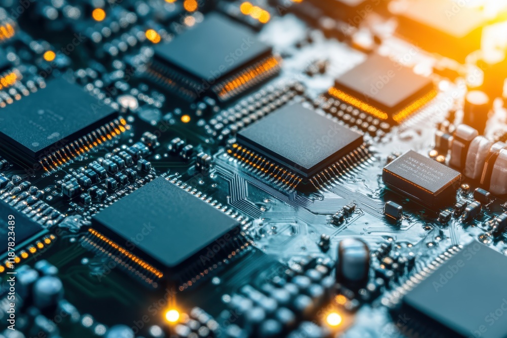 Close-up View of High-Tech Microchips on a Circuit Board with Glowing Lights and Intricate Patterns Showcasing Advanced Electronics and Modern Technology Close-up View of High-Tech Microchips on a Circuit Board with Glowing Lights and Intricate Patterns Showcasing Advanced Electronics and Modern Technology