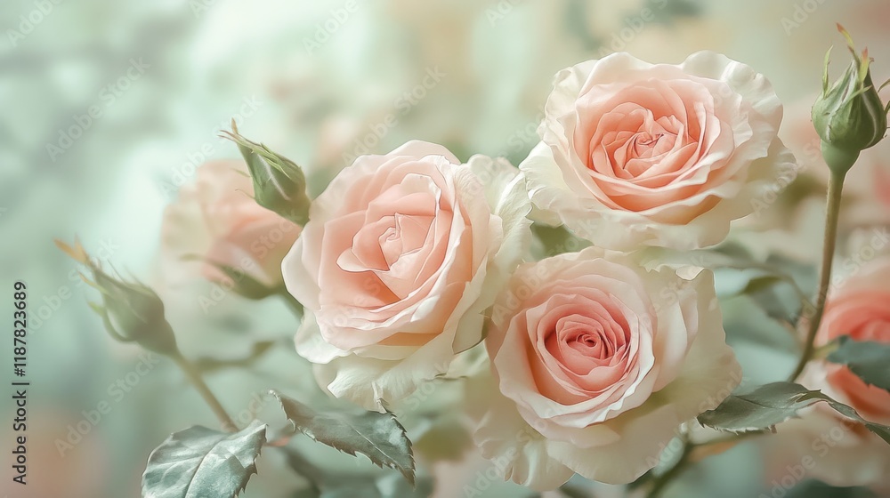 Obraz premium delicate floral arrangements, soft pink roses, sage green leaves, botanical illustration style, romantic flower clusters, pastel color palette, elegant rose bouquets, watercolor art effect, gentle