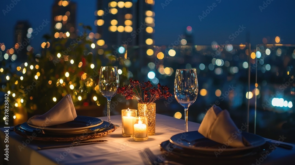 Obraz premium Romantic Rooftop Dinner Date City Lights Candles and Wine Glasses