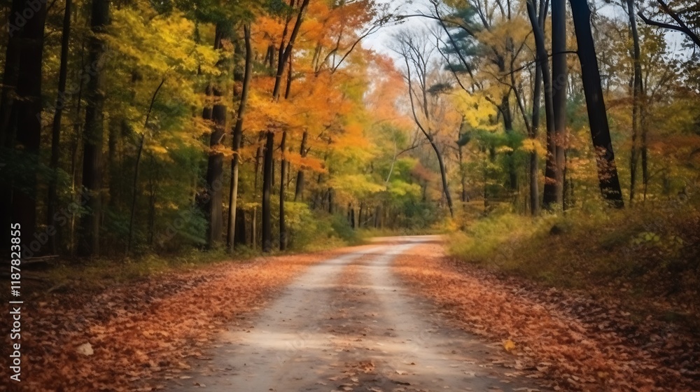 Naklejka premium Autumnal Forest Road A Scenic Path Through Colorful Trees