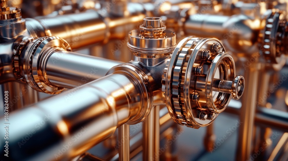 Fototapeta premium A visually stunning pipe and valve system with metallic finishes and an intricate network, photographed with precision against a plain background