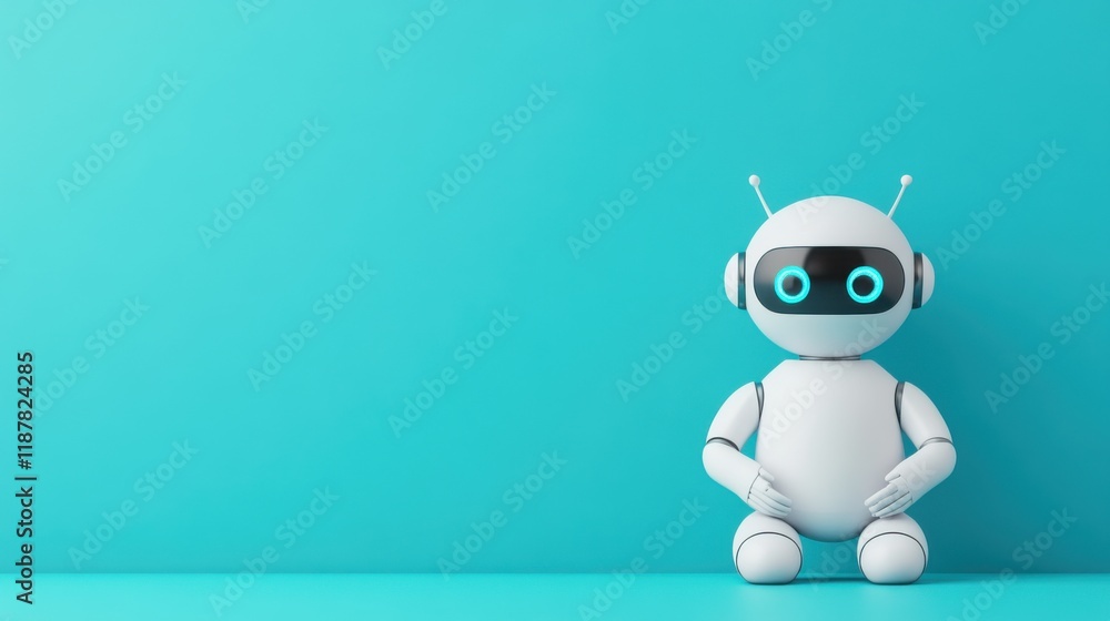 Cute robot character sitting on a vibrant blue background with a friendly expression and glowing features Cute robot character sitting on a vibrant blue background with a friendly expression and glowing features