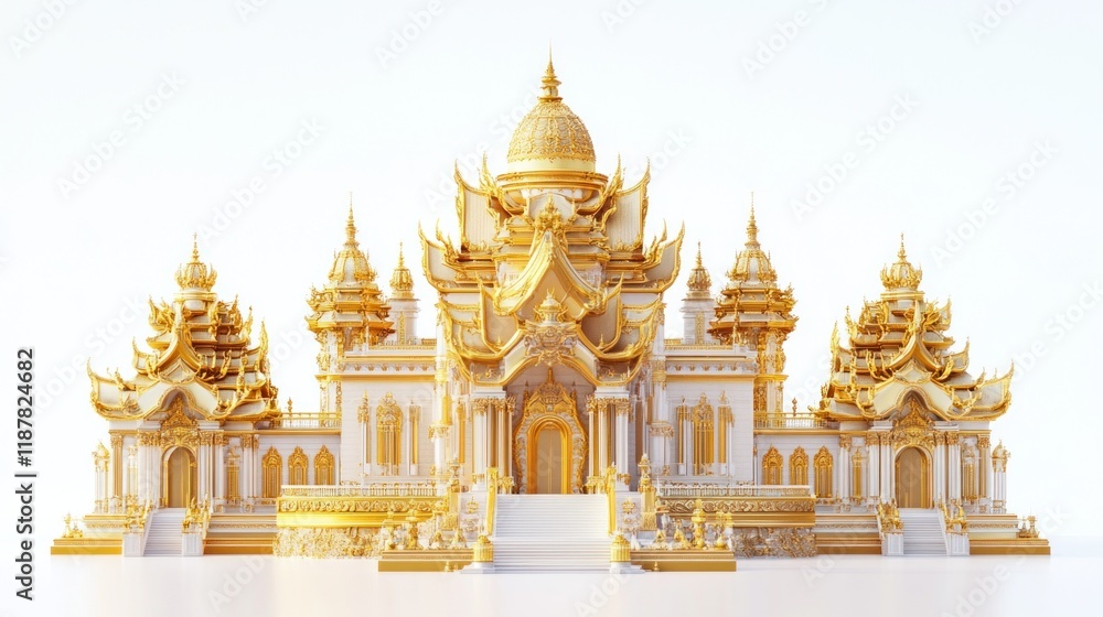 Fototapeta premium Captivating 3D view of the Golden Palace, with its ornate architecture and luxurious golden details, set against a bright white background
