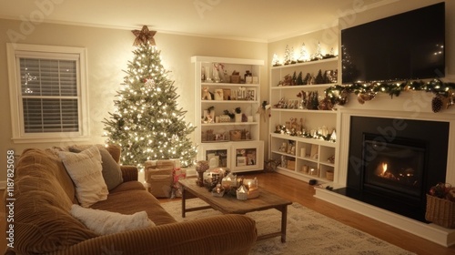 Wallpaper Mural Charming Christmas living room with a corduroy sofa, sparkling lights, white shelves, seasonal decor, and gifts arranged with care Torontodigital.ca