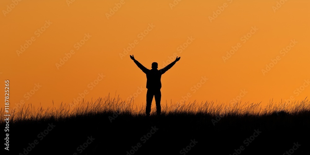 A striking silhouette of a person with arms outstretched against a vibrant sunset backdrop, symbolizing triumph, freedom, and the beauty of nature in a serene moment. A striking silhouette of a person with arms outstretched against a vibrant sunset backdrop, symbolizing triumph, freedom, and the beauty of nature in a serene moment.