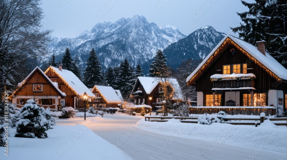 Serene Winter Village Surrounded by Snowy Mountains at Dusk with Cozy Warm Lights Illuminating Homes Serene Winter Village Surrounded by Snowy Mountains at Dusk with Cozy Warm Lights Illuminating Homes