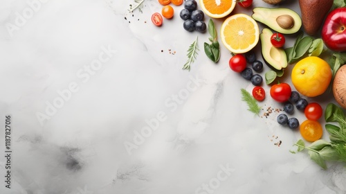 Fototapeta Naklejka Na Ścianę i Meble -  Fresh organic fruits and vegetables on marble surface