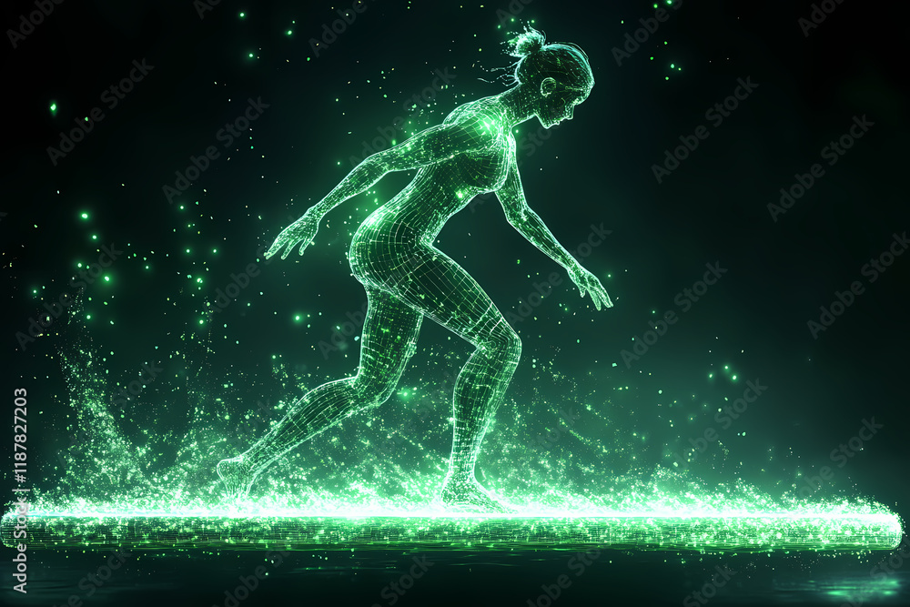 Fototapeta premium A glowing digital gymnast performing on a futuristic balance beam, symbolizing grace and technical perfection