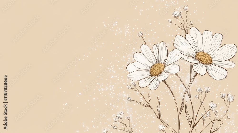 Naklejka premium Elegant illustration of white daisies on beige background with sparkles