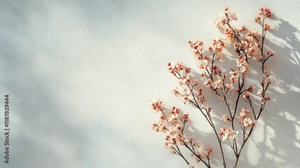 Delicate pink cherry blossoms on branches against pale background Delicate pink cherry blossoms on branches against pale background
