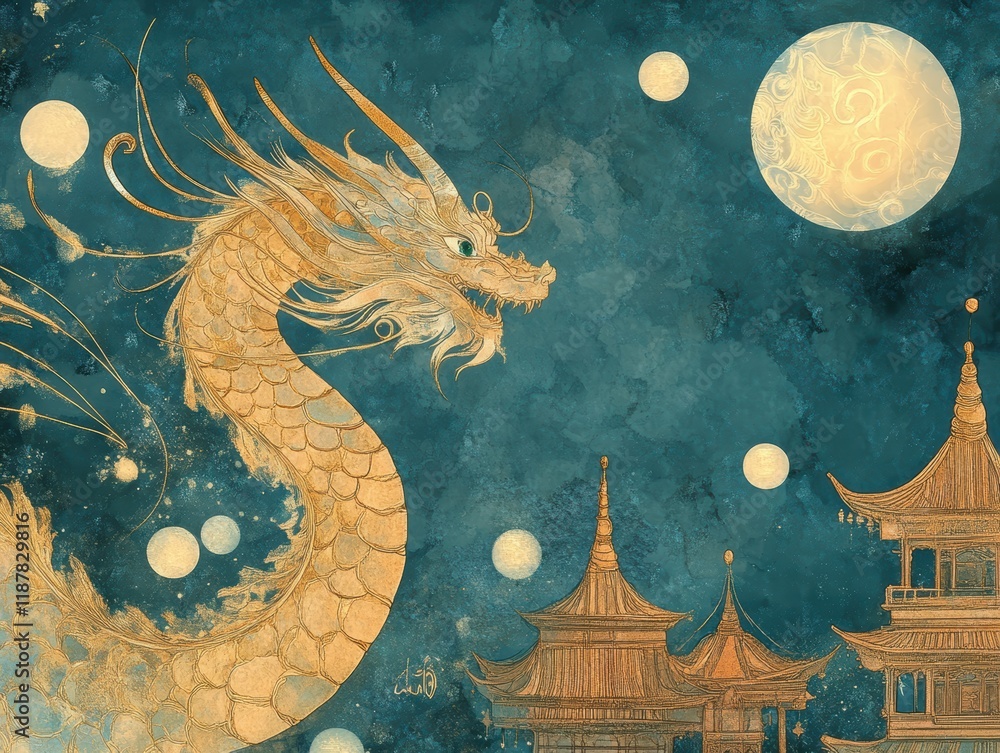 Fototapeta premium Celebration of Modern Dragon Art Abstract Universe Gold Leaf Creation Enchanted Space Elevated Perspective Concept for Chinese New Year