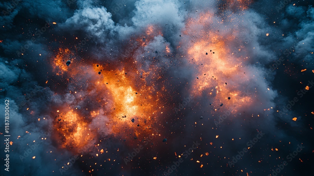 Fototapeta premium Dramatic Explosion with Smoke and Fire Fragments