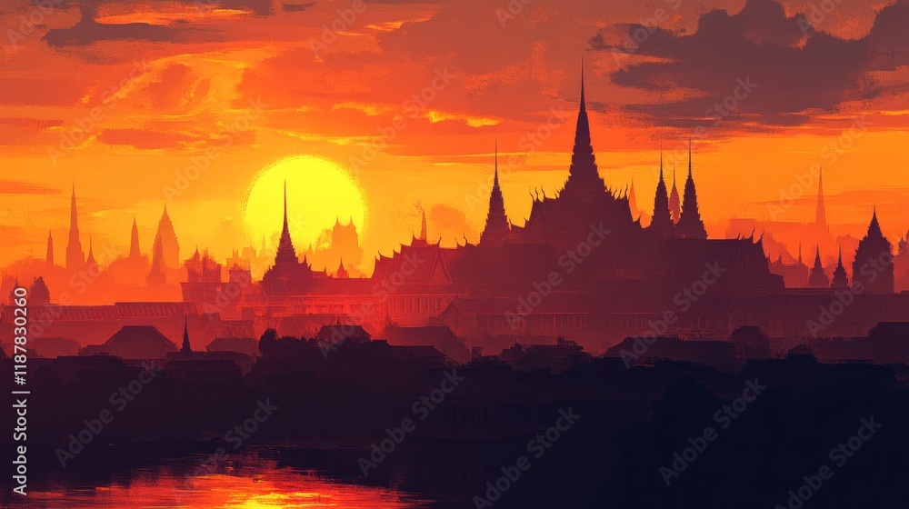 Naklejka premium Elegant poster background with Bangkok's Grand Palace and Wat Arun silhouetted against a glowing sunset, emphasizing luxury and travel adventure