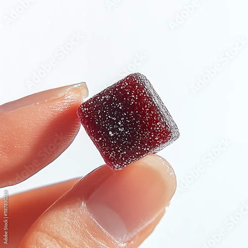close up of hand holding shiny red gummy candy, showcasing its sparkling texture and cube shape. image captures sweetness and appeal of this treat