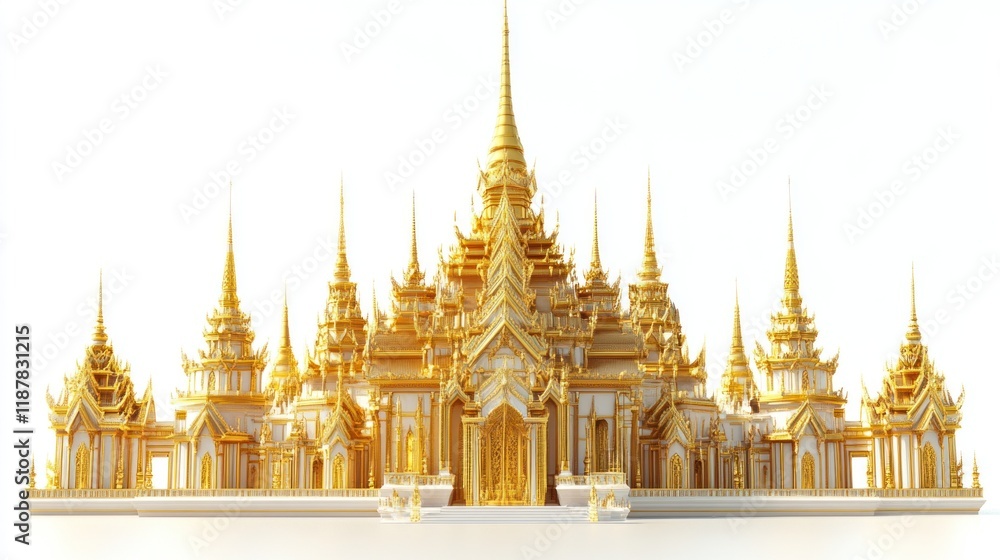 Fototapeta premium Exterior view of the Golden Palace in 3D, with detailed spires and gold textures, presented on a pristine white background