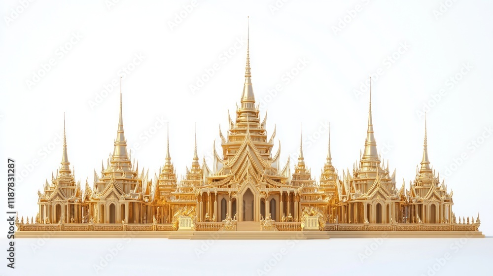 Fototapeta premium Exterior view of the Golden Palace in 3D, with detailed spires and gold textures, presented on a pristine white background