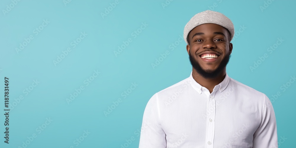 Obraz premium A joyful young man with a charming smile and a fashionable hat stands in front of a vibrant blue background, capturing the essence of enthusiasm and confidence in modern fashion.