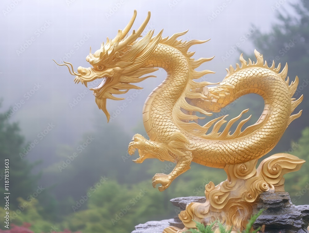 Fototapeta premium Celebrating Wisdom Antique Golden Dragon Figure with Pearl Detail Chinese New Year Artistry Mystical Environment Close-Up Concept for Chinese New Year