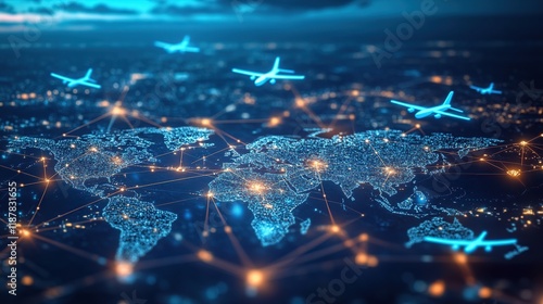 Global air travel network connection visualization.