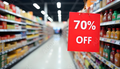 A supermarket aisle featuring a prominent discount sign displaying 70% OFF, drawing attention to exciting shopping deals and retail promotions amidst stocked shelves