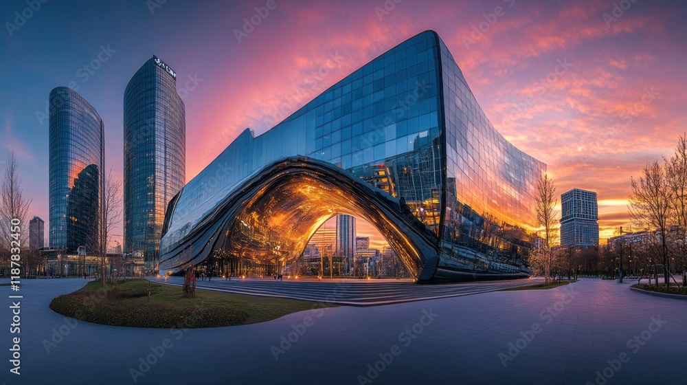 Obraz premium Modern architecture reflecting sunset.