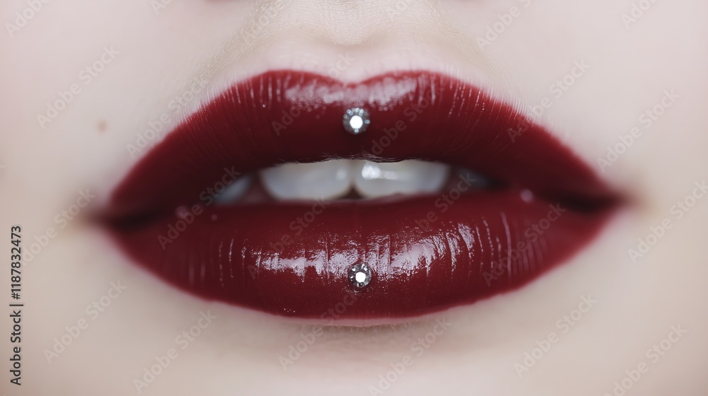 Fototapeta premium Glamorous crimson lips with sparkling crystal piercings for fashion photography
