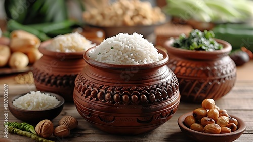 white ceramic pot of rice pongal  for stock illustration photo generated by AI photo