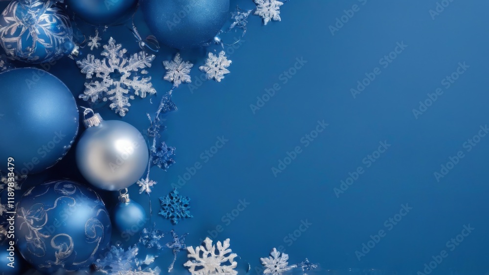 Festive Flat Lay of Blue Christmas Ornaments and Snowflakes on Dark Blue Background with Silver Bauble Festive Flat Lay of Blue Christmas Ornaments and Snowflakes on Dark Blue Background with Silver Bauble