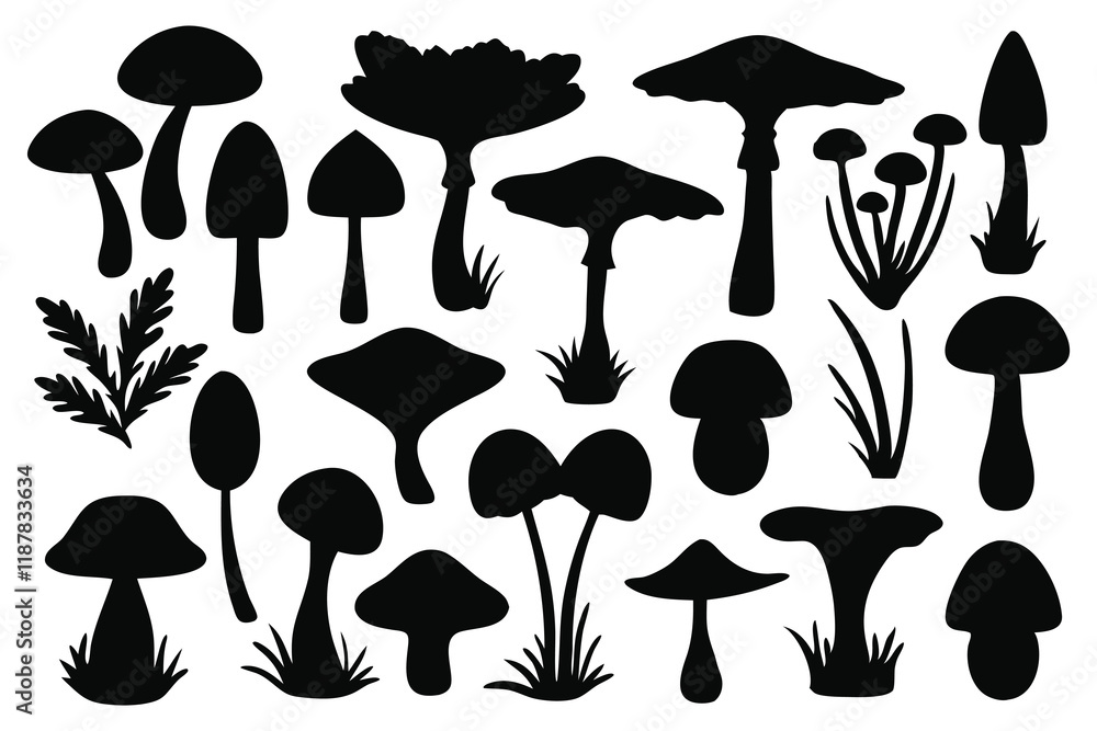 Forest mushrooms silhouettes set isolated flat vector illustration on white background. Forest mushrooms silhouettes set isolated flat vector illustration on white background.