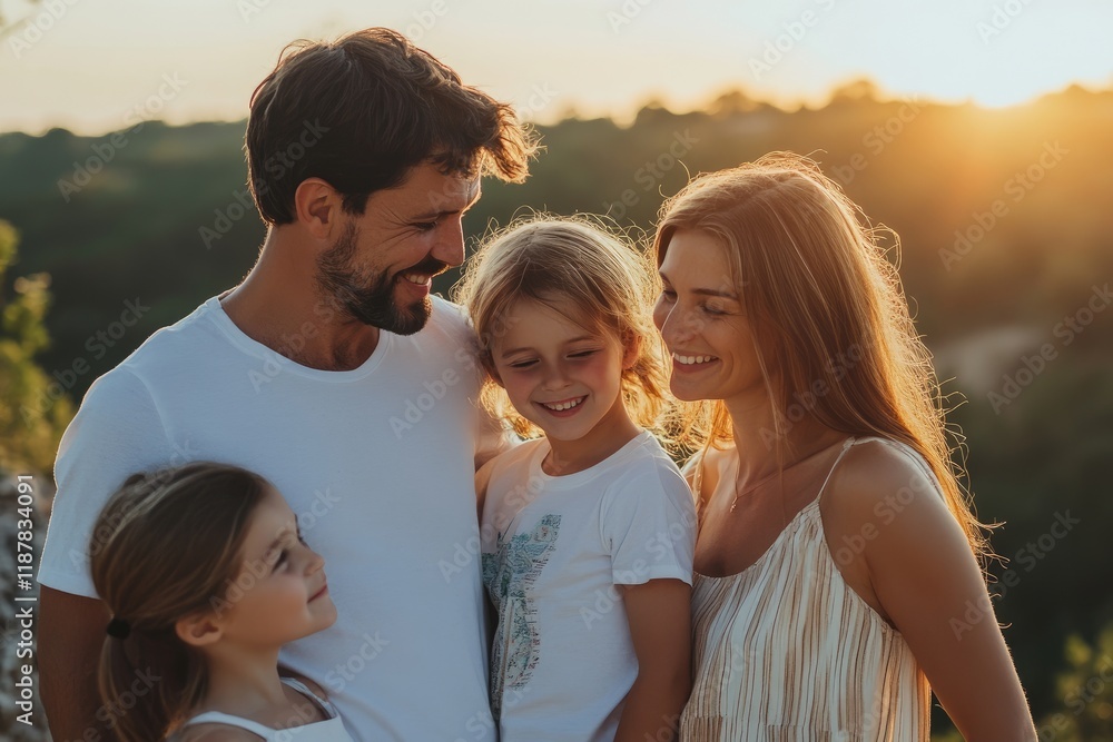 Family standing by a holiday landmark, half-body shot, parents and kids smiling together, scenic backdrop, warm sunlight, joyful and relaxed mood, natural expressions, photographic style Family standing by a holiday landmark, half-body shot, parents and kids smiling together, scenic backdrop, warm sunlight, joyful and relaxed mood, natural expressions, photographic style