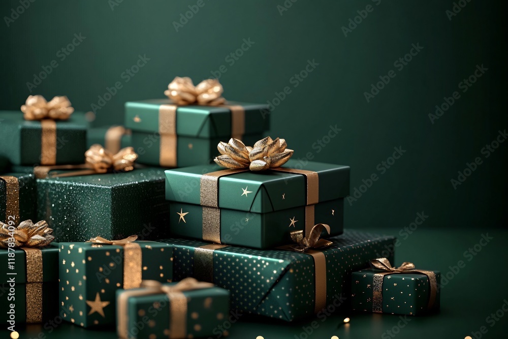 Fototapeta premium A stunningly wrapped collection of green gift boxes with gold ribbons, perfect for holiday celebrations, birthdays, or festive events, inviting joy and elegance.