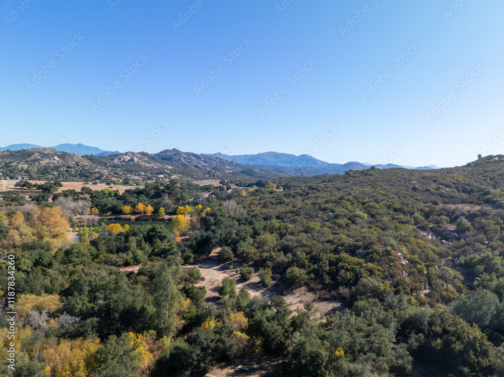 Obraz premium Aerial view of Campsites in the valley of Dos Picos County Park in Ramona, South California, USA
