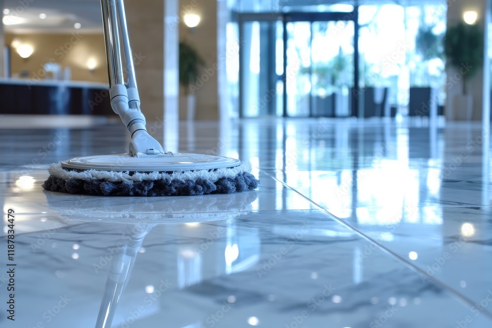 Close-up of floor polisher on shiny marble tiles in modern lobby Close-up of floor polisher on shiny marble tiles in modern lobby