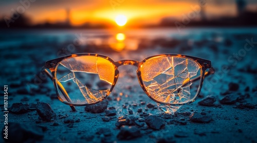 Wallpaper Mural Shattered glasses on rocky ground with vibrant sunset in background Torontodigital.ca