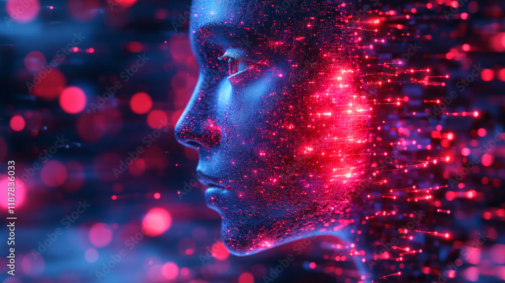 Modern digital representation of a human face with vibrant light trails in futuristic style Modern digital representation of a human face with vibrant light trails in futuristic style