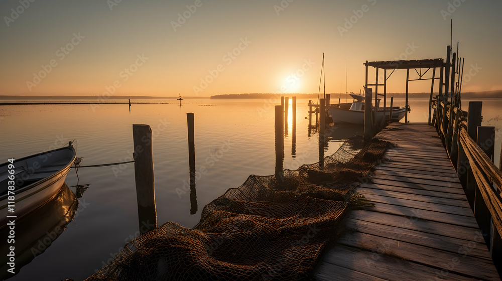Fototapeta premium Sunrise over tranquil harbor, fishing boats moored at wooden dock